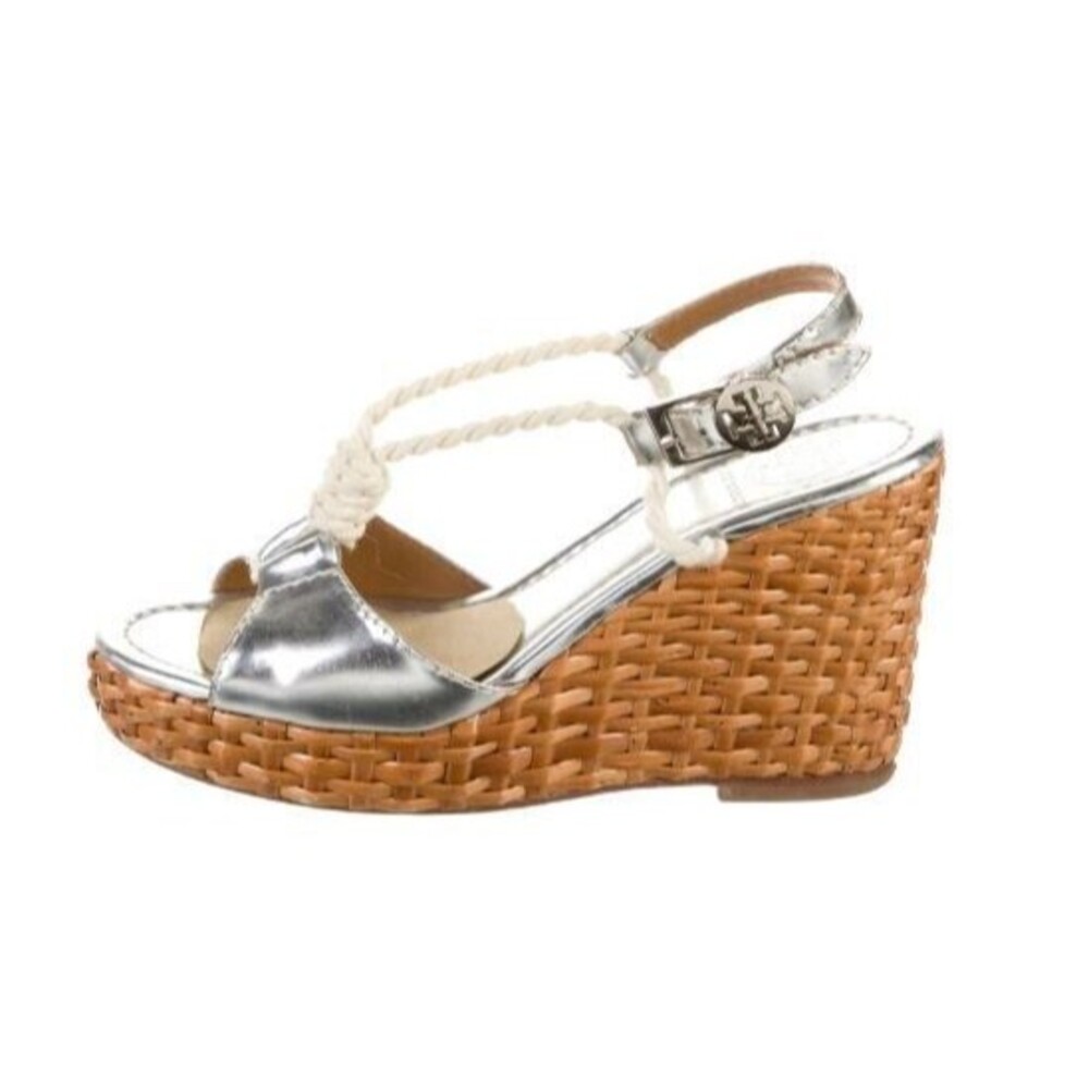 Tory Burch Silver and Tan Wedge Sandals